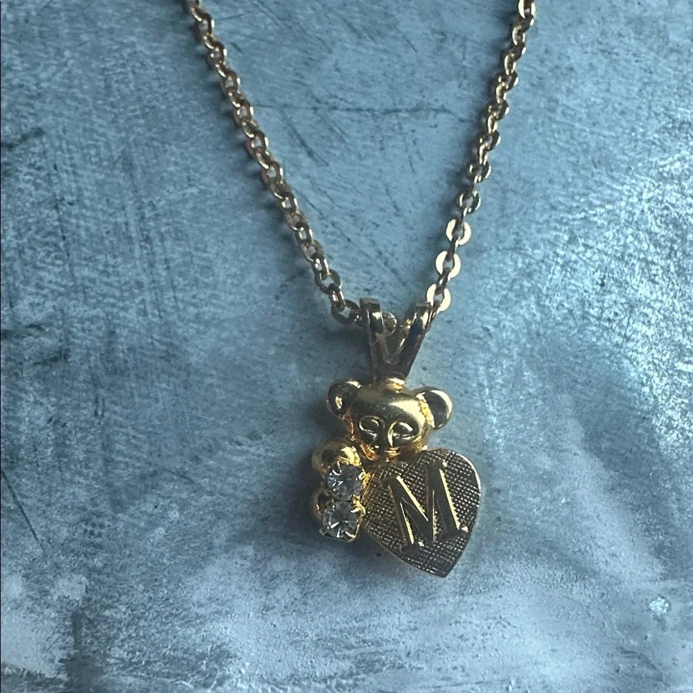 Teddy Bear Initial M Gold Tone Necklace with Adjustable Teddy Bear Ring